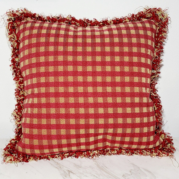 VINTAGE Needlepoint Pillow Floral Looped Fringe Trim Square Plaid Handmade - Picture 4 of 4